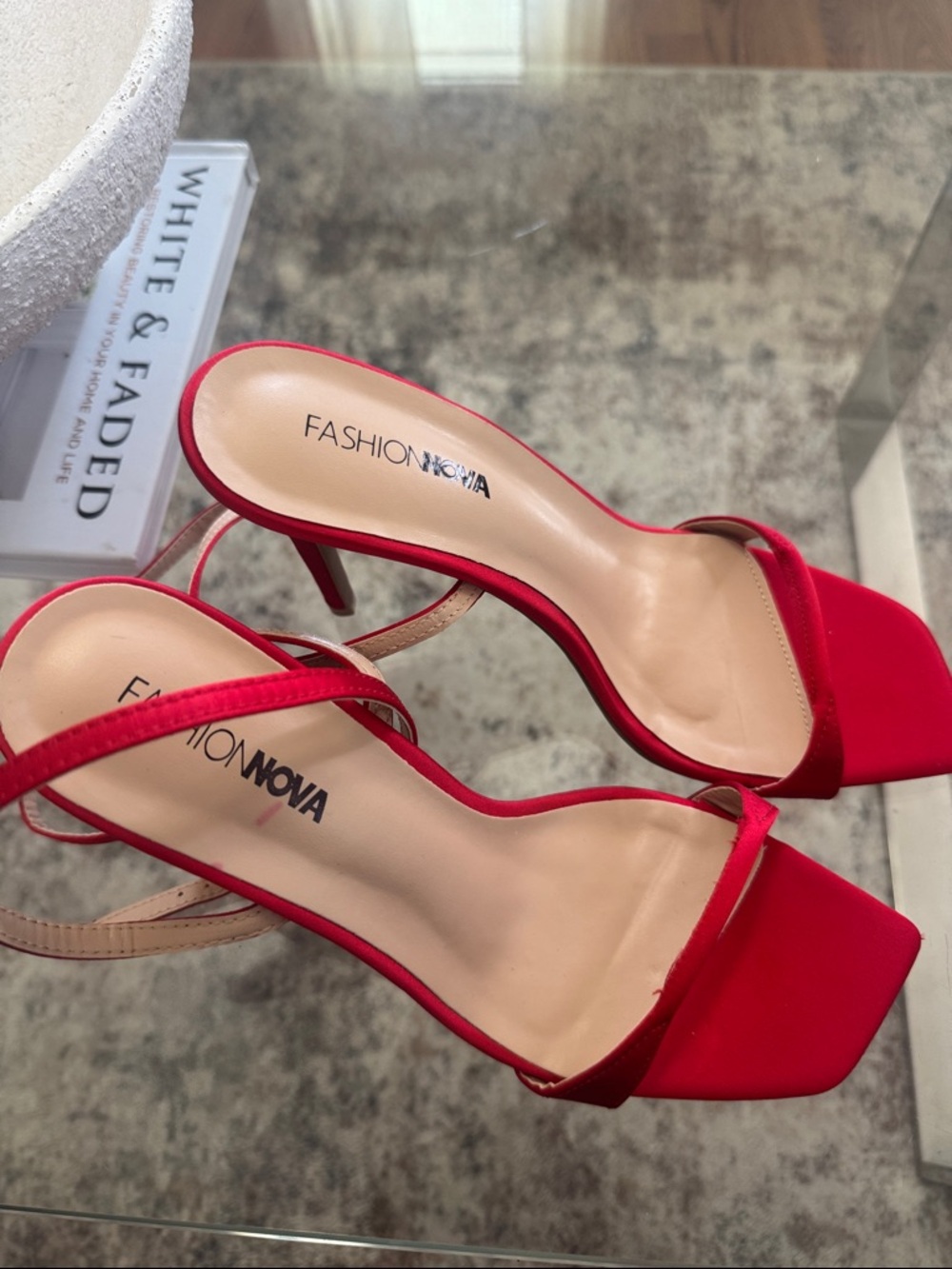 Fashion Nova Red Square-Toe Strappy Heels